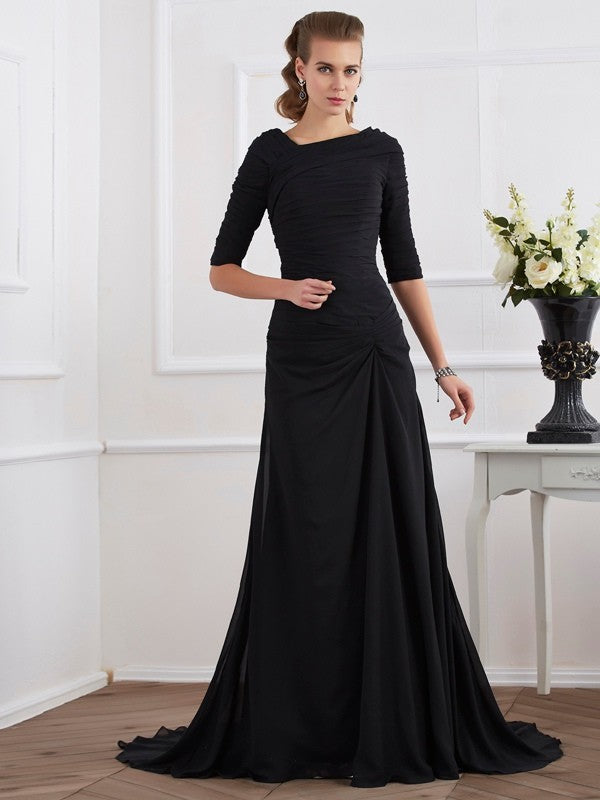 Vestidos largos de gasa con pliegues, corte princesa, mangas 1/2